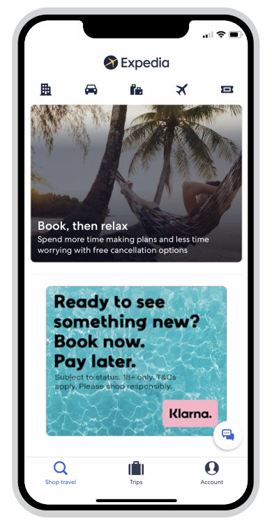 Klarna ad on Expedia app